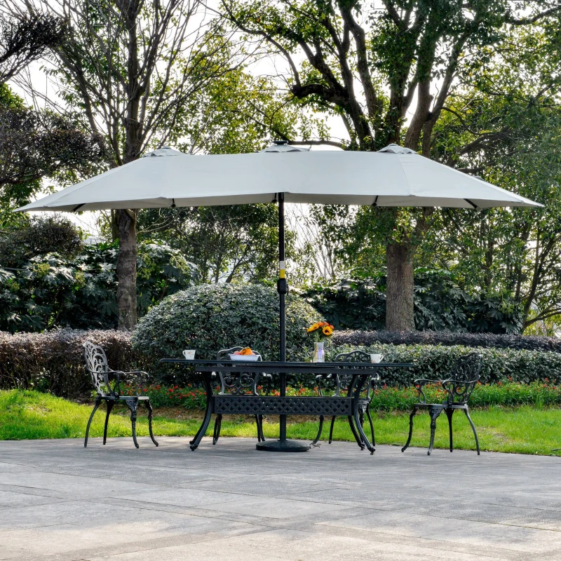 Outsunny Chapéu de Sol Duplo de Jardim com 48 Luzes LED Solar 450x265x240cm com Manivela Proteção Solar para Terraço Cinza Claro