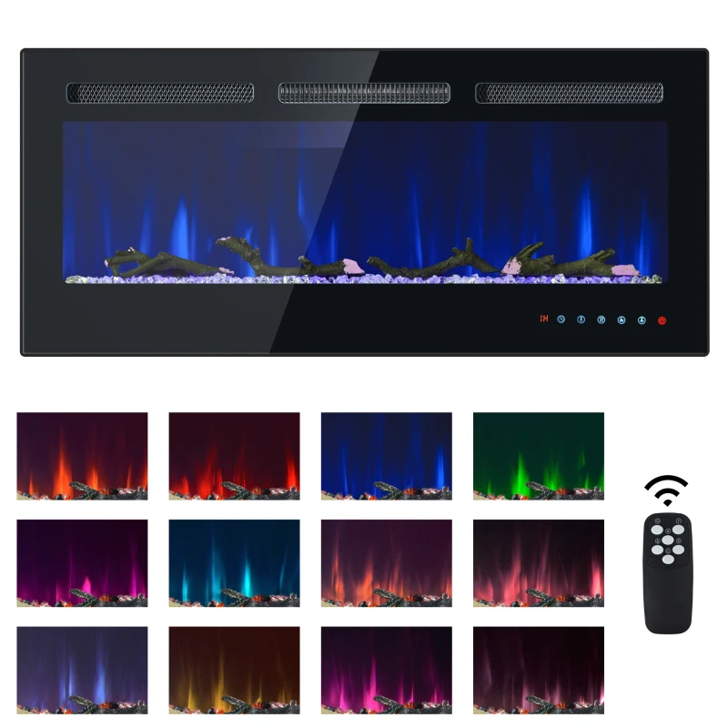 Chimenea eléctrica de pared y empotrable, control remoto y pantalla táctil, 132×46,5×12 cm, negro