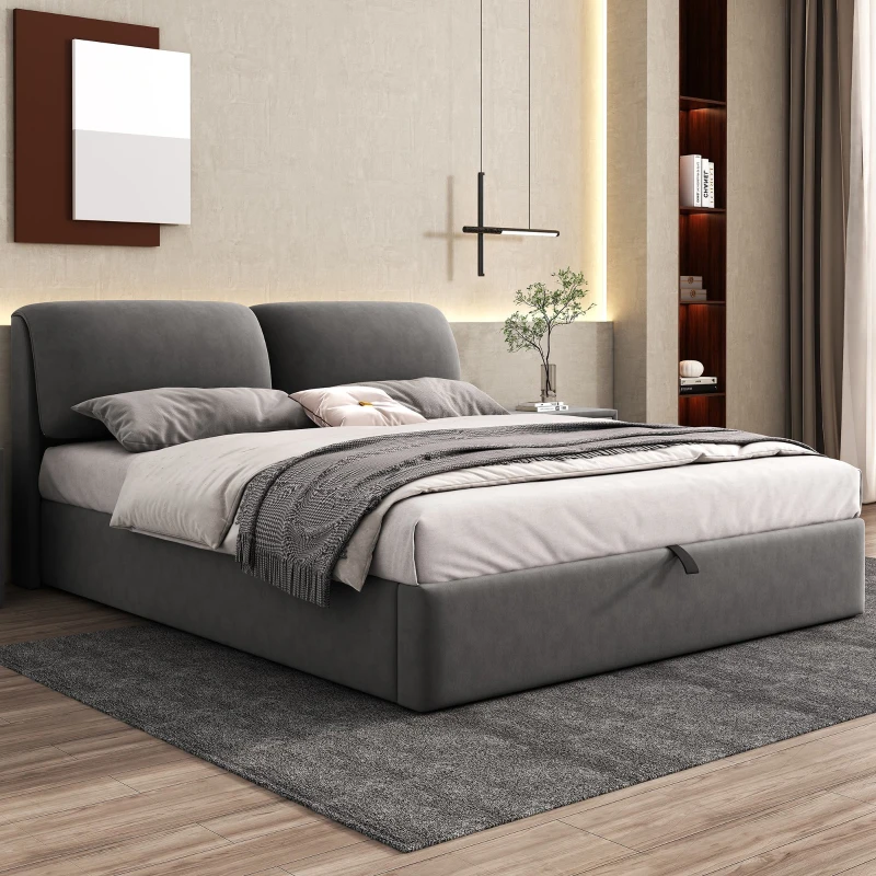 Letto imbottito con contenitore idraulico e tre cassetti, rete a doghe con testiera, senza materasso, 180×200 cm, Grigio