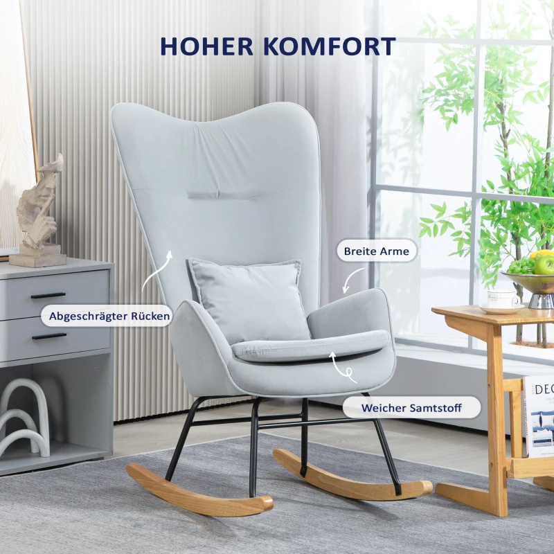 HOMCOM Schommelstoel met Zachte Bekleding in Samtlook, Inclusief Lendekussen, tot 120 kg, 67 x 85 x 112 cm, Lichtgrijs(m-6)
