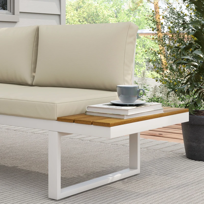 Outsunny Conjunto de Móveis de Jardim Inclui 2 Sofás Duplos 1 Sofá de Canto e Mesa de Centro com Almofadas para Pátio Creme