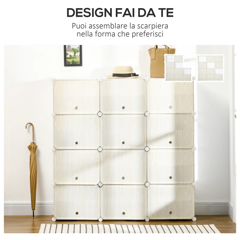 HOMCOM Mobile Scarpiera Modulare Salvaspazio, 12 Cubi in Plastica PP e Acciaio, 125x32x125 cm