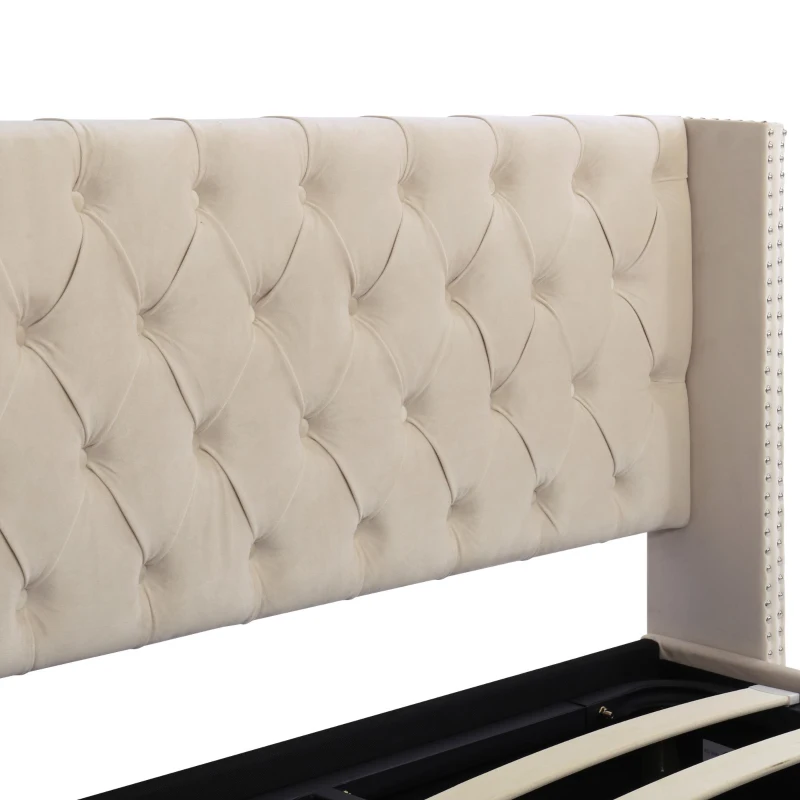 Cama tapizada con cajón hidráulico y somier, sin colchón, 140×200 cm, Beige