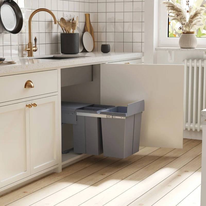 HOMCOM Kitchen Recycle Waste Bin Pull Out Soft Close Dustbin Recycling Cabinet Trash Can Grey (40L (1x20L+2x10L))