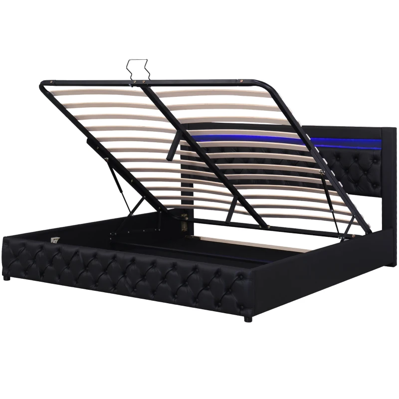 Cama tapizada con somier y espacio de almacenamiento, iluminación LED, sin colchón, 140 x 200 cm, Negro