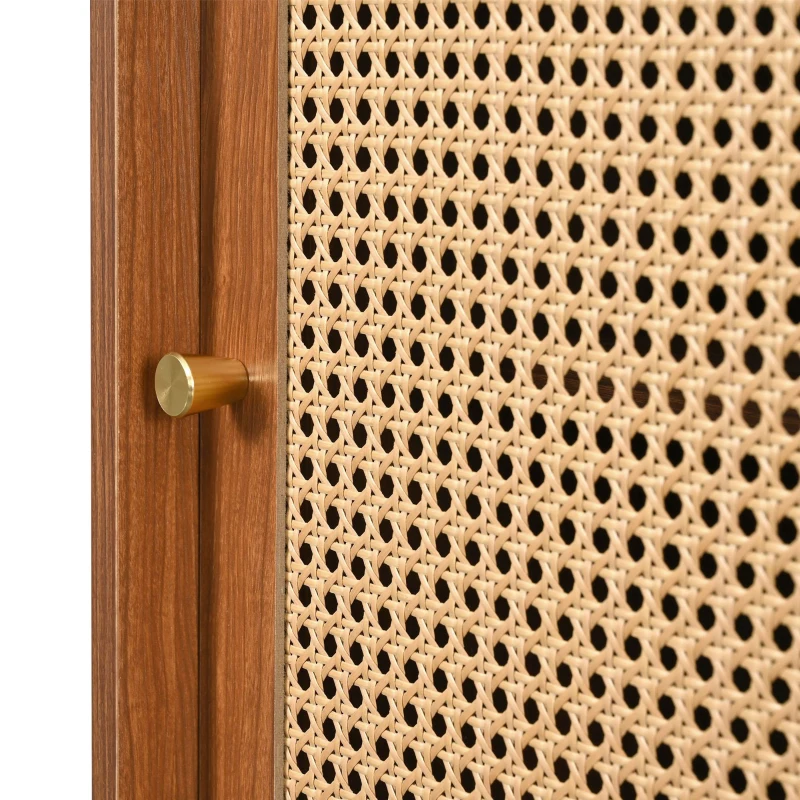 Aparador con 3 cajones y 3 puertas correderas, tejido de ratán, estantes ajustables, patas de madera maciza, 120×40×78 cm, nogal