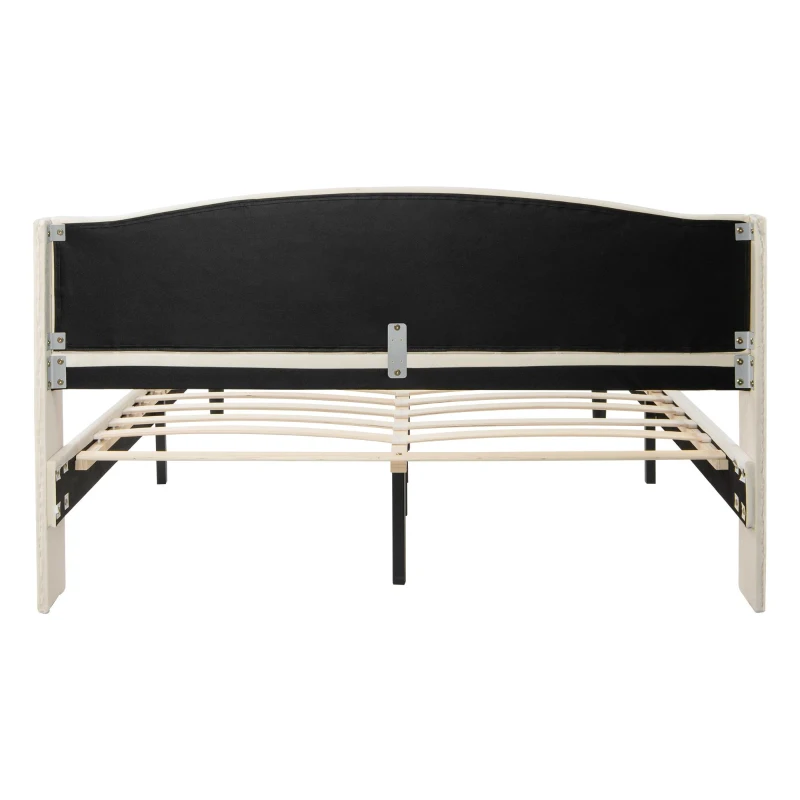 Letto imbottito morbido con testiera in velluto e decorazione con bottoni, senza materasso, 160×200 cm, Beige