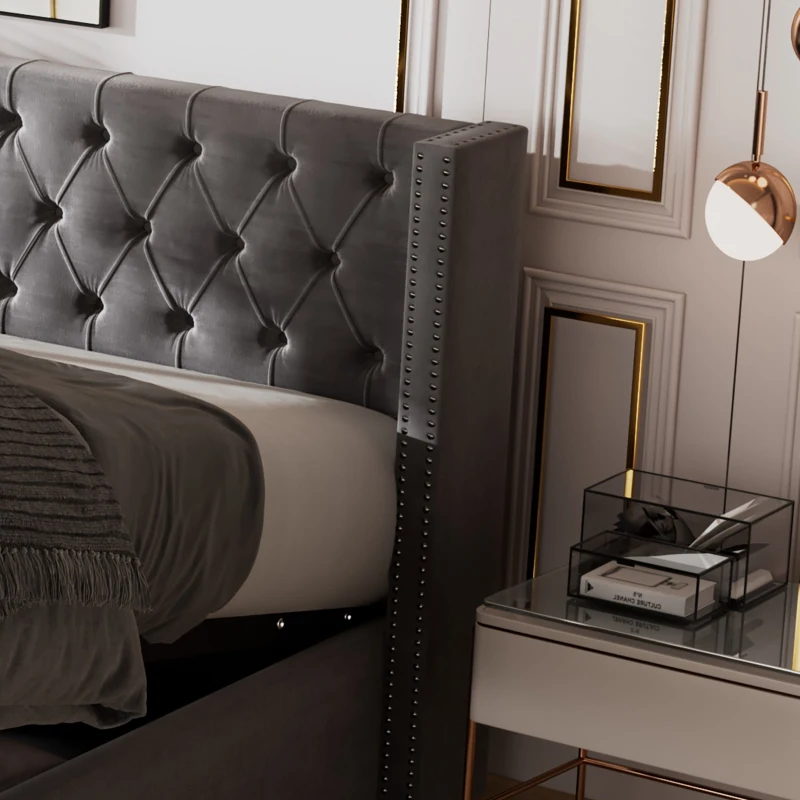 Cama tapizada con almacenamiento hidráulico y somier, sin colchón, 180×200 cm, Gris