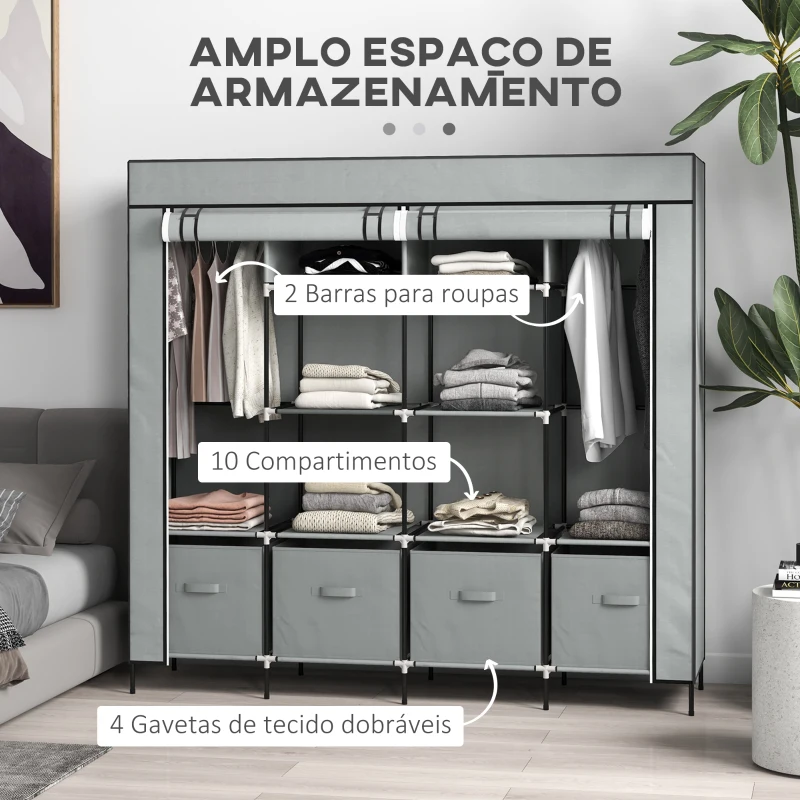 HOMCOM Roupeiro de Tecido com 10 Compartimentos 2 Trilhos Suspensos e 4 Gavetas de Tecido 166x42,5x169,5 cm Cinza Escuro