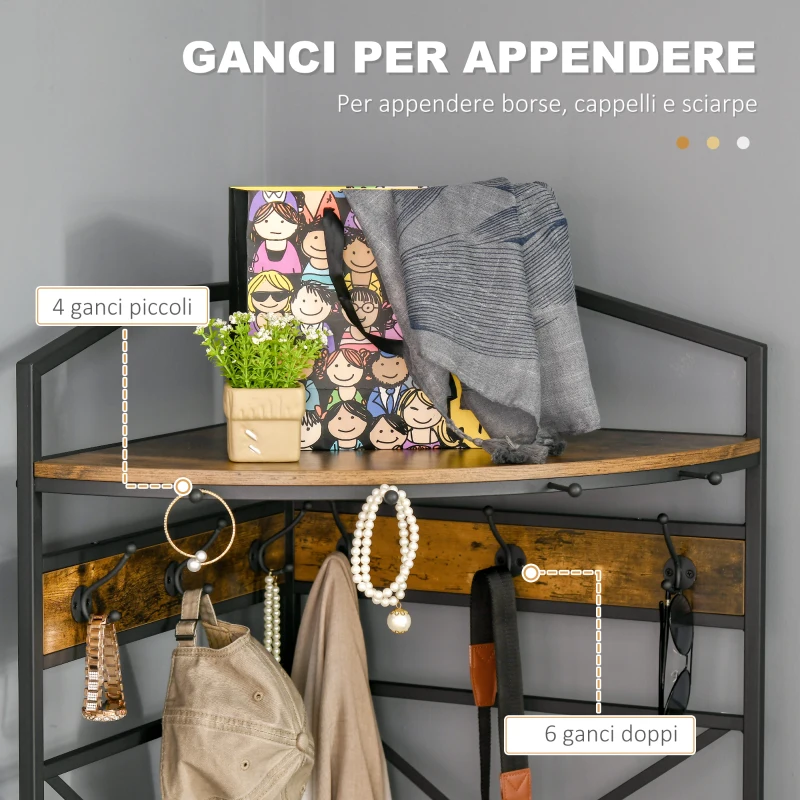 HOMCOM Appendiabiti da Terra Angolare con Panca e Scarpiera in Stile Industriale, 50x50x183cm, Marrone