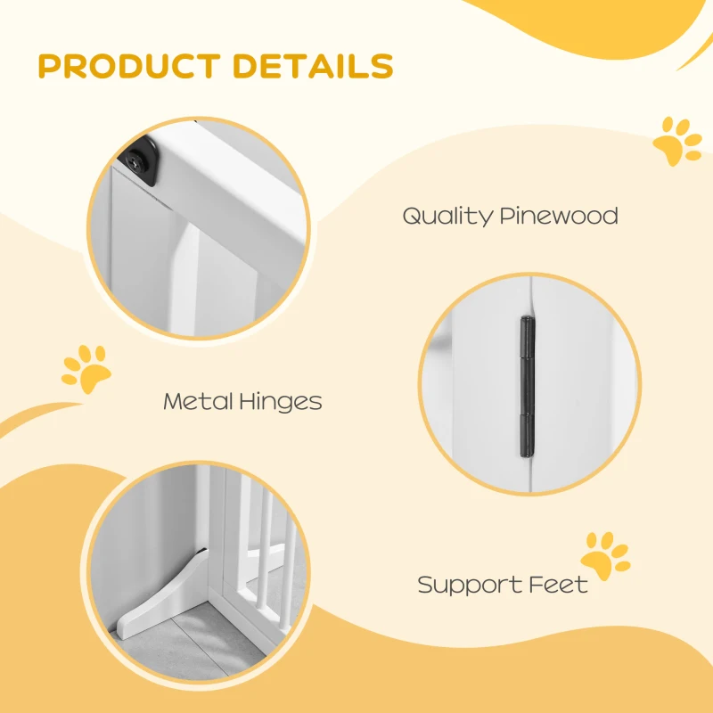 PawHut Adjustable Wooden Pet Gate Freestanding Dog Barrier Fence Doorway 3 Panels Safety Gate w/ Lockable Door White 71H x 113-166W cm