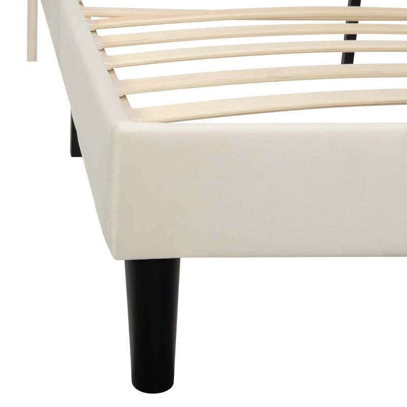 Cama acolchada suave con cabecero aterciopelado y decoración de botones, placas de madera estables, sin colchón, 140×200 cm, Beige