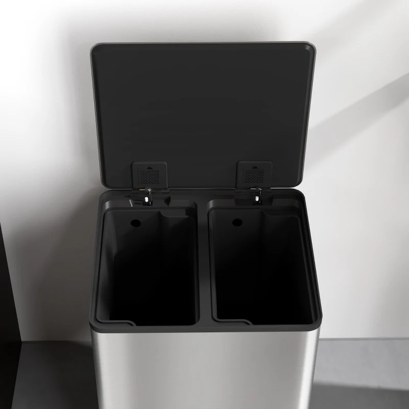 HOMCOM Balde de Lixo de Cozinha com 2 Compartimentos 2x30L Pedal Fechamento Suave e Cubo Amovível  Prata