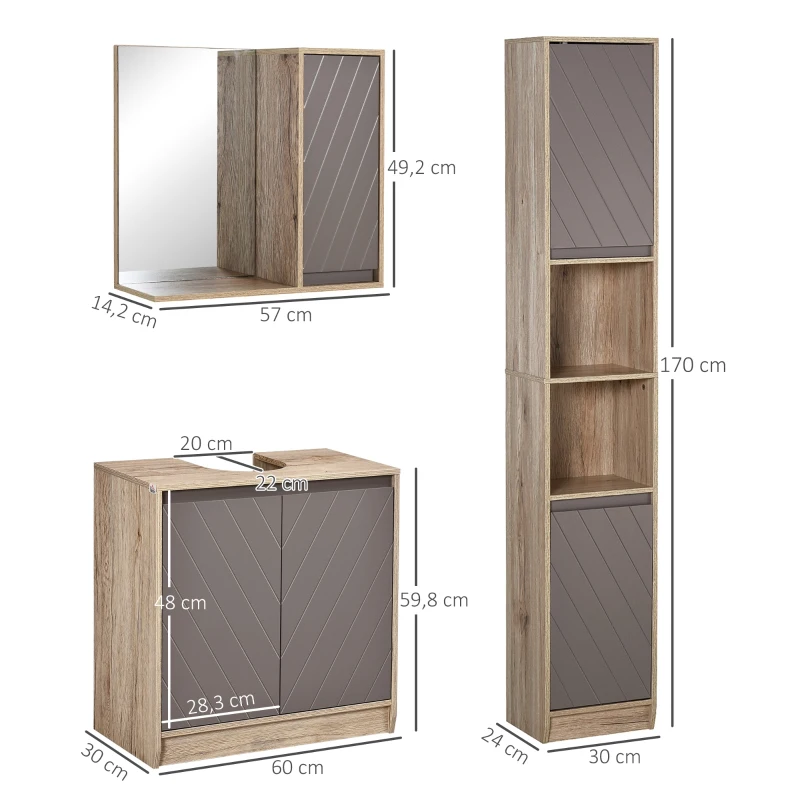 HOMCOM Conjunto de 1 Mueble para Debajo del Lavabo 1 Armario de Baño con Espejo y 1 Columna de Baño Roble y Gris
