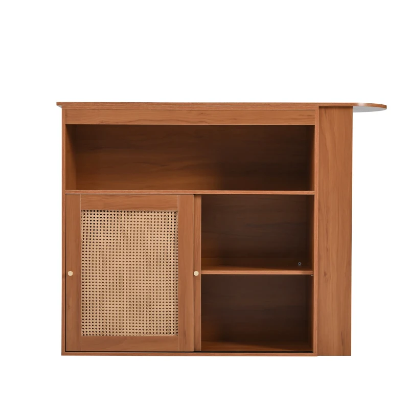 Mesa de bar extensible con almacenamiento, tejido de ratán en las puertas, estantes ajustables, 138-193×39×104 cm, Marrón