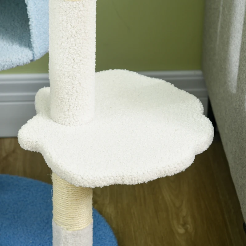 PawHut Arranhador para Gatos com Postes de Sisal Caverna Cama Rede e Bola de Brinquedo Ø54,5x155 cm Branco e Azul