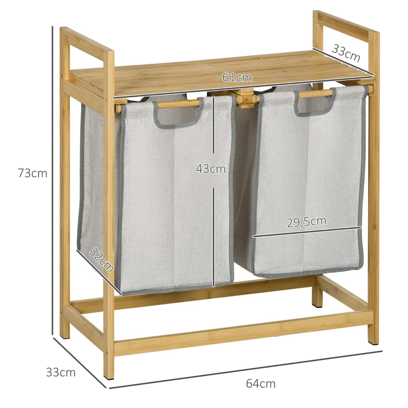 HOMCOM Cesto de Roupa de Bambu Cesto de Roupa Suja com 2 Bolsas Amovíveis e 2 Prateleiras para Casa de Banho 64x33x73 cm Madeira