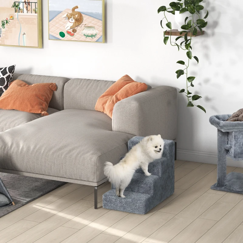 PawHut Escada para Animais de Estimação com 4 Degraus 2 em 1 com Capa Removível e Lavável Escada para Cães Gatos Carga 30kg 60x35x44cm Cinza