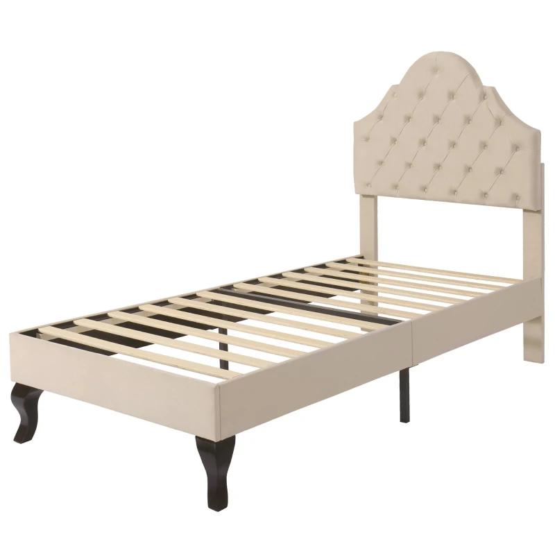 Cama tapizada con cabecero ajustable en altura y somier, sin colchón, 90×200 cm, Beige