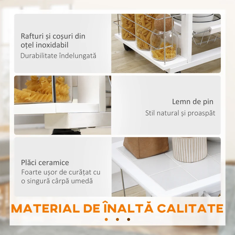 Homcom Carucior Bucatarie Mobil Alb – 4 Cosuri, Sertar & Rafturi LATERALE