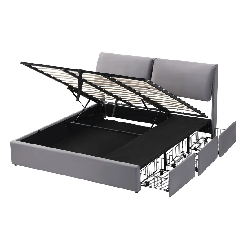 Letto imbottito con contenitore idraulico e tre cassetti, rete a doghe con testiera, senza materasso, 180×200 cm, Grigio