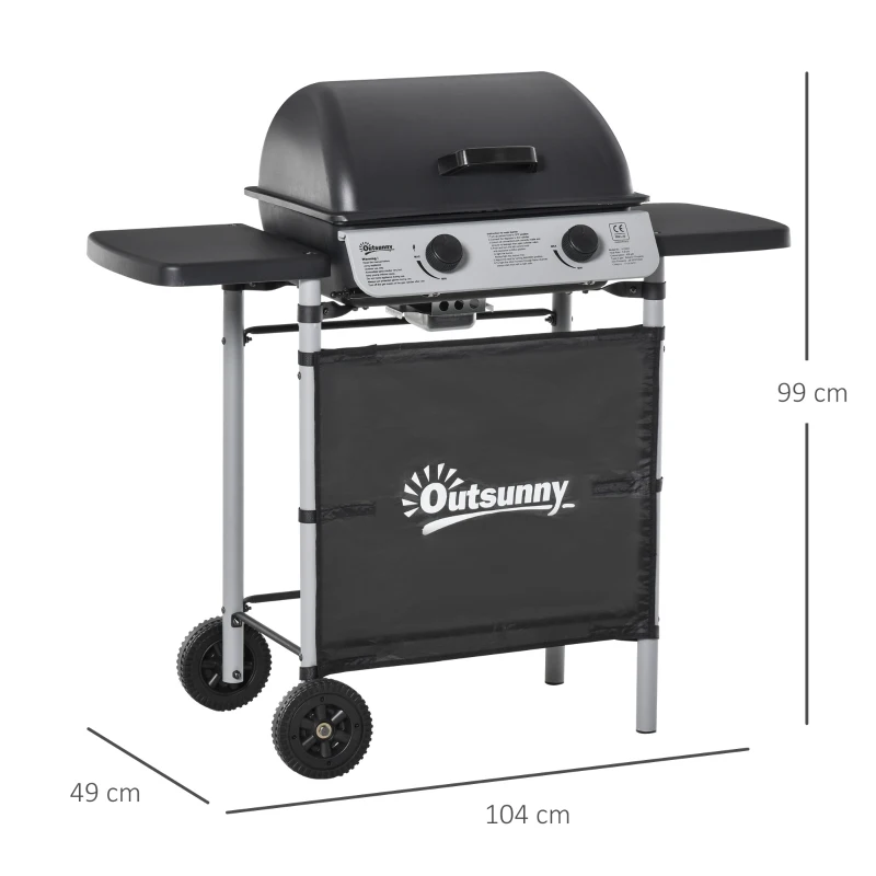 Outsunny Barbecue a Gás com 2 Queimadores 2,8 KW 2 Rodas 2 Mesas Laterais e Grelhas de Aço para Piquenique Campismo 104x49x99 cm Preto