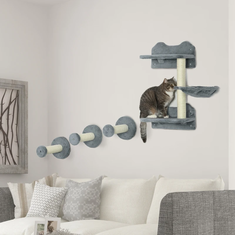 PawHut 4 Piece Cat Shelf with Scratching Post, Wall-Mounted Cat Tree for Indoor Cat - Grey