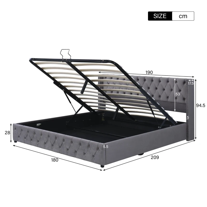 Cama tapizada con almacenamiento hidráulico y somier, sin colchón, 180×200 cm, Gris