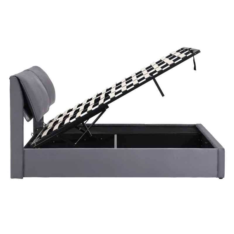 Polsterbett mit hydraulischem Bettkasten und drei Schubladen, Lattenrost mit Kopfteil, ohne Matratze, 180×200 cm, Grau