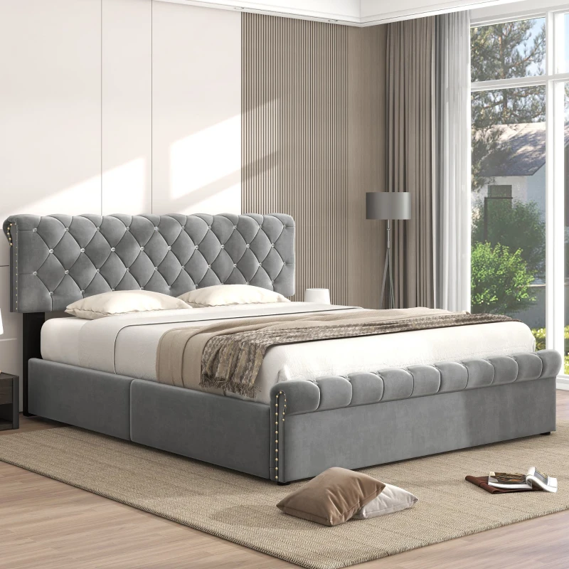 Cama tapizada con almacenamiento hidráulico y cabecero ajustable en altura, sin colchón, 140 x 200 cm, Gris