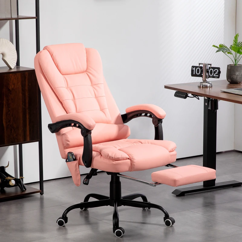 Vinsetto Massage Bureaustoel, 7 Vibratiepunten, Verstelbare Voetensteun & Rugleuning, tot 120 kg, Lederlook, Roze(m-2)