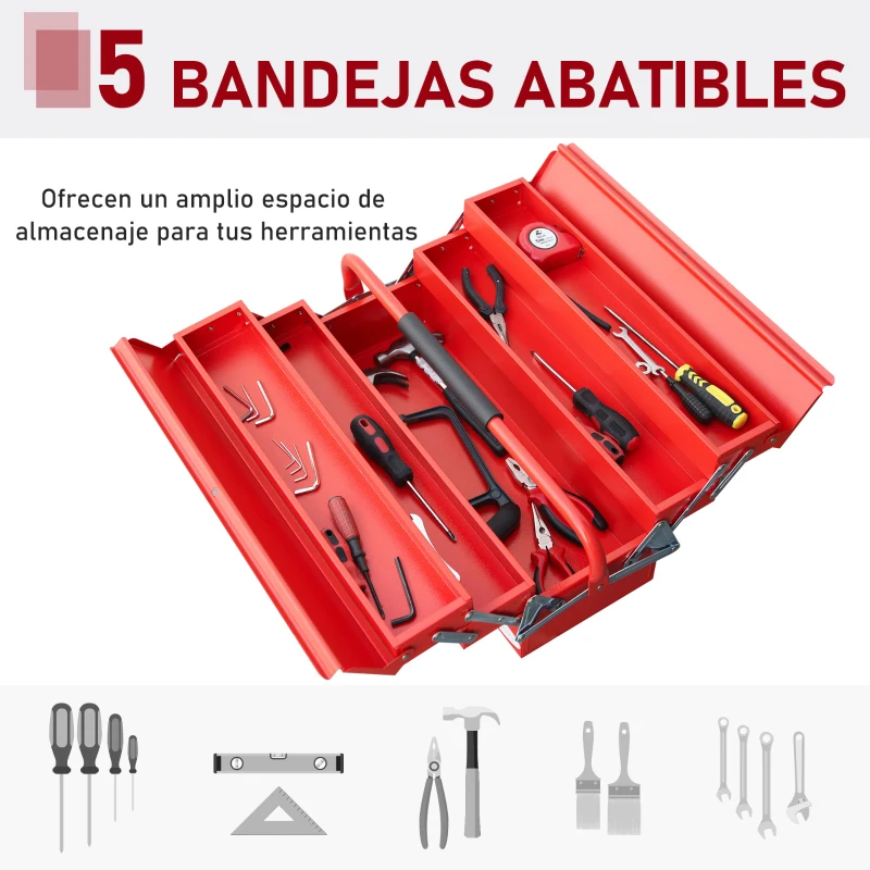DURHAND Caja de Herramientas de Acero Plegable Portátil con 5 Compartimentos y Mango de Transporte para Taller Bricolaje Hogar 56x20x41 cm Rojo