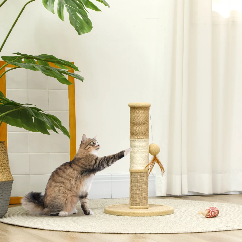 PawHut Cat Scratching Post for Indoor Cats, 47cm Tall Cat Scratcher with Jute Sisal Rope, Hanging Toy Ball, Feather, Brown