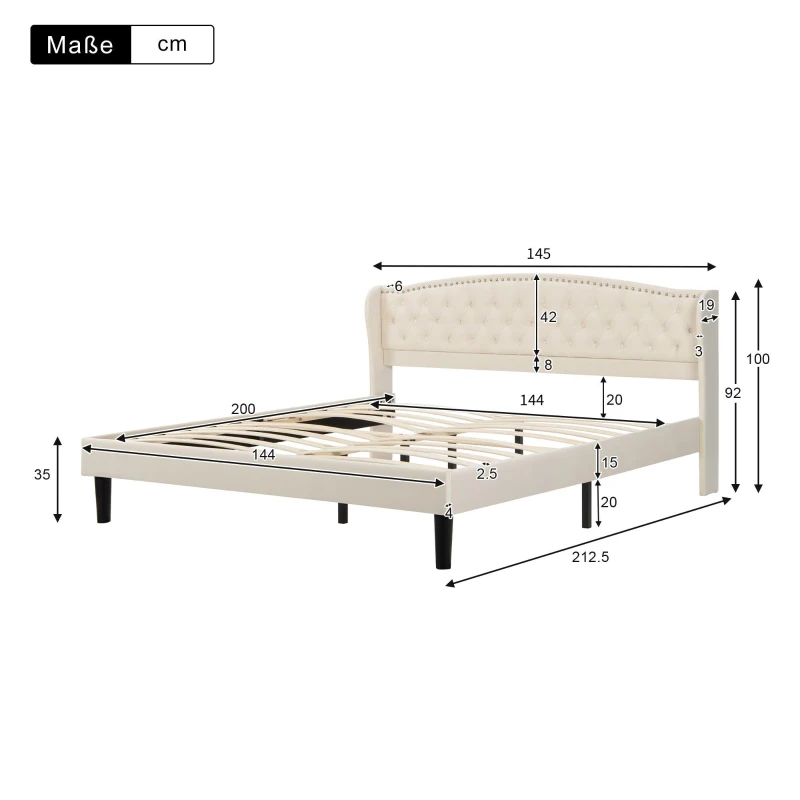 Cama acolchada suave con cabecero aterciopelado y decoración de botones, placas de madera estables, sin colchón, 140×200 cm, Beige