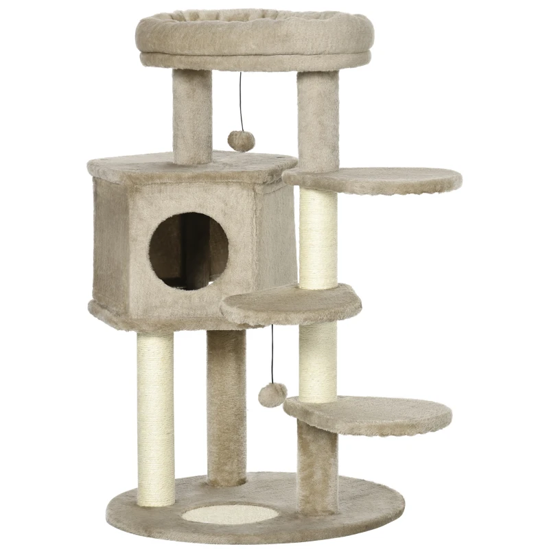 PawHut Árvore Arranhador para Gatos com Cama Caverna 3 Escadas Bolas Suspensas e Postes de Sisal 55x55x94cm Marrom e Creme