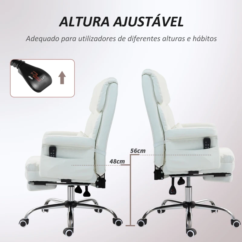 HOMCOM Cadeira de Escritório com Massagem em 6 Pontos Apoio para os Pés Retrátil Controlo Remoto e Suporte Lombar 69x65x115 cm Branco