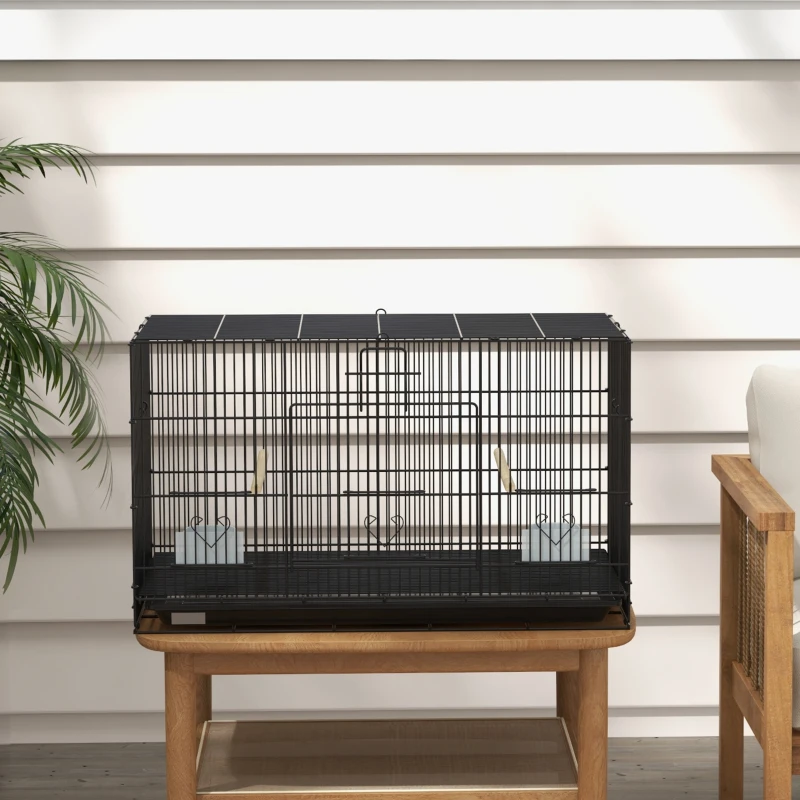 PawHut Gaiola para Pássaros 77x46x45 cm Gaiola de Metal para Pássaros com Bandeja Amovível 2 Poleiros e 2 Comedouros Preto