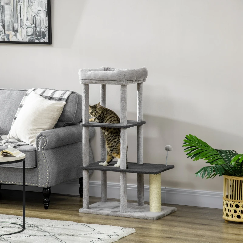 PawHut Arranhador em Forma de Cilindro  para Gatos com 3 Níveis com Poste de Sisal Cama e Bola de Brincar 60x40x120cm Cinza