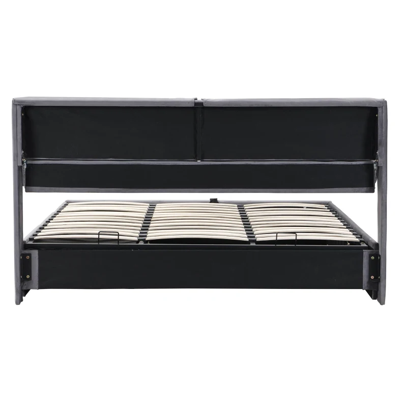 Letto imbottito con contenitore idraulico e tre cassetti, rete a doghe con testiera, senza materasso, 180×200 cm, Grigio