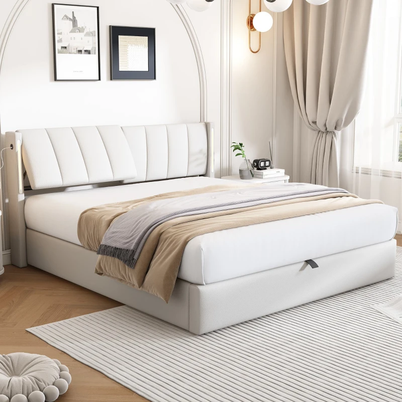 King Size Bed with Storage and Adjustable Headboard, LED Bed Base with USB Port, 201L x 151W x 103H cm, White