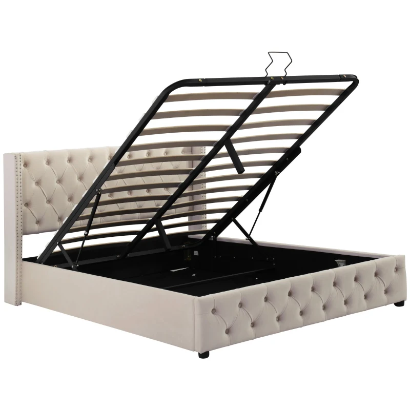 Cama tapizada con cajón hidráulico y somier, sin colchón, 140×200 cm, Beige