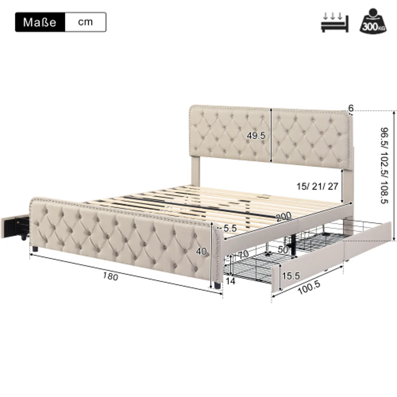 Letto imbottito con fibbia a forma di  diamante progettate e rivetti, quattro cassetti, senza materasso, 180×200 cm, Beige