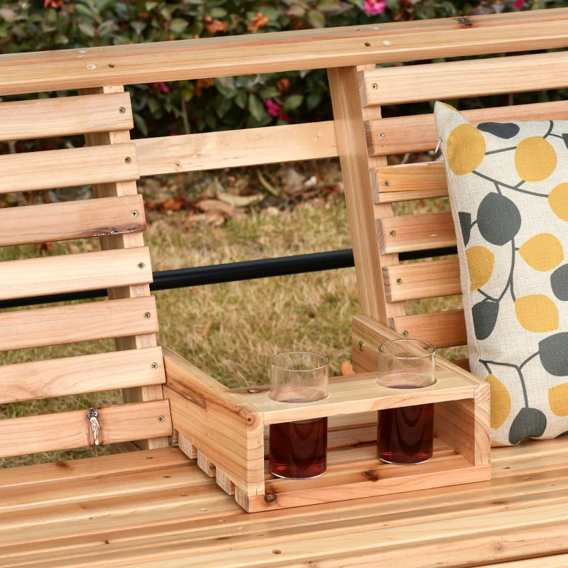 Outsunny Banco Baloiço de 2-3 Lugares de Madeira com Mesa de Centro Dobrável e 2 Porta-copos para Jardim 150x75x53 cm Natural