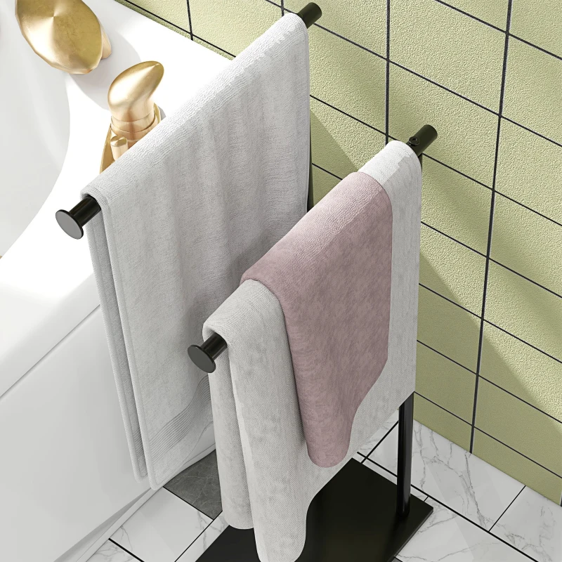 HOMCOM Toallero de Pie con 2 Barras y Marco Metálico Toallero de Baño Moderno en Forma de L 35,5x20x78 cm Negro