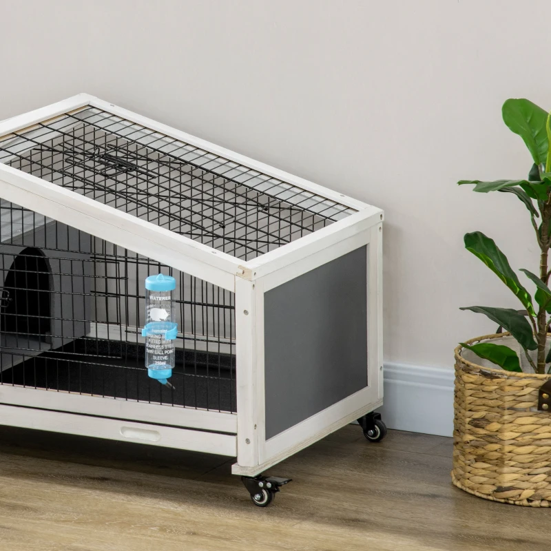 PawHut Coelheira de Madeira com Rodas Gaiola para Coelhos com Bandeja Amovível e Bebedouro 90x53x55 cm Cinza Escuro
