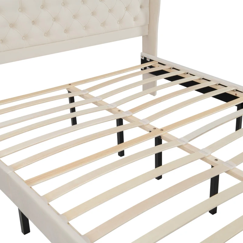 Cama acolchada suave con cabecero aterciopelado y decoración de botones, placas de madera estables, sin colchón, 140×200 cm, Beige