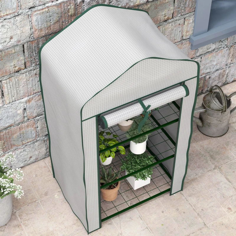 Outsunny Mini Seră pe 3 Nivele cu Acoperiș PE Întărit, Seră Portabilă cu Ușă Rulantă și Rafturi din Sârmă, 59x39x127 cm, Alb