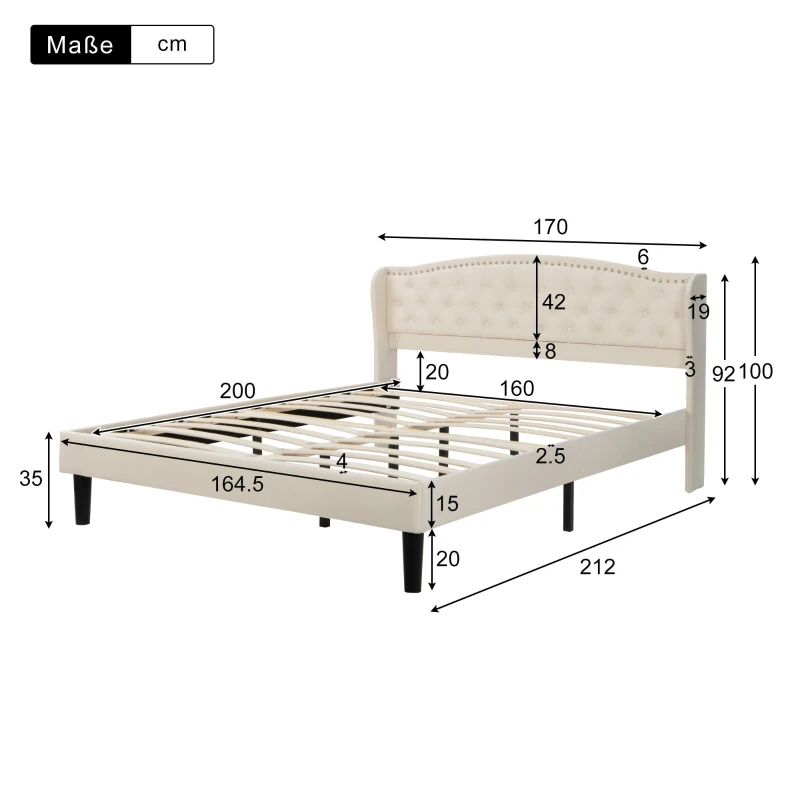 Letto imbottito morbido con testiera in velluto e decorazione con bottoni, senza materasso, 160×200 cm, Beige