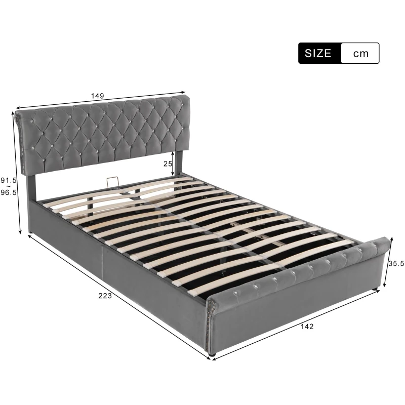 Cama tapizada con almacenamiento hidráulico y cabecero ajustable en altura, sin colchón, 140 x 200 cm, Gris