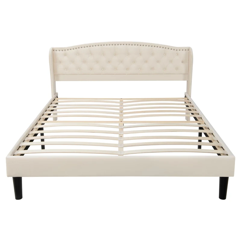 Letto imbottito morbido con testiera in velluto e decorazione con bottoni, senza materasso, 160×200 cm, Beige